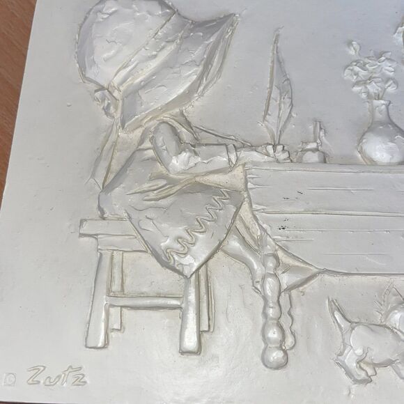 Vintage 1970s Joseph Zutz Resin Frieze Art "Love Letter" Girl w/ Cat Wall Plaque - Picture 3 of 4